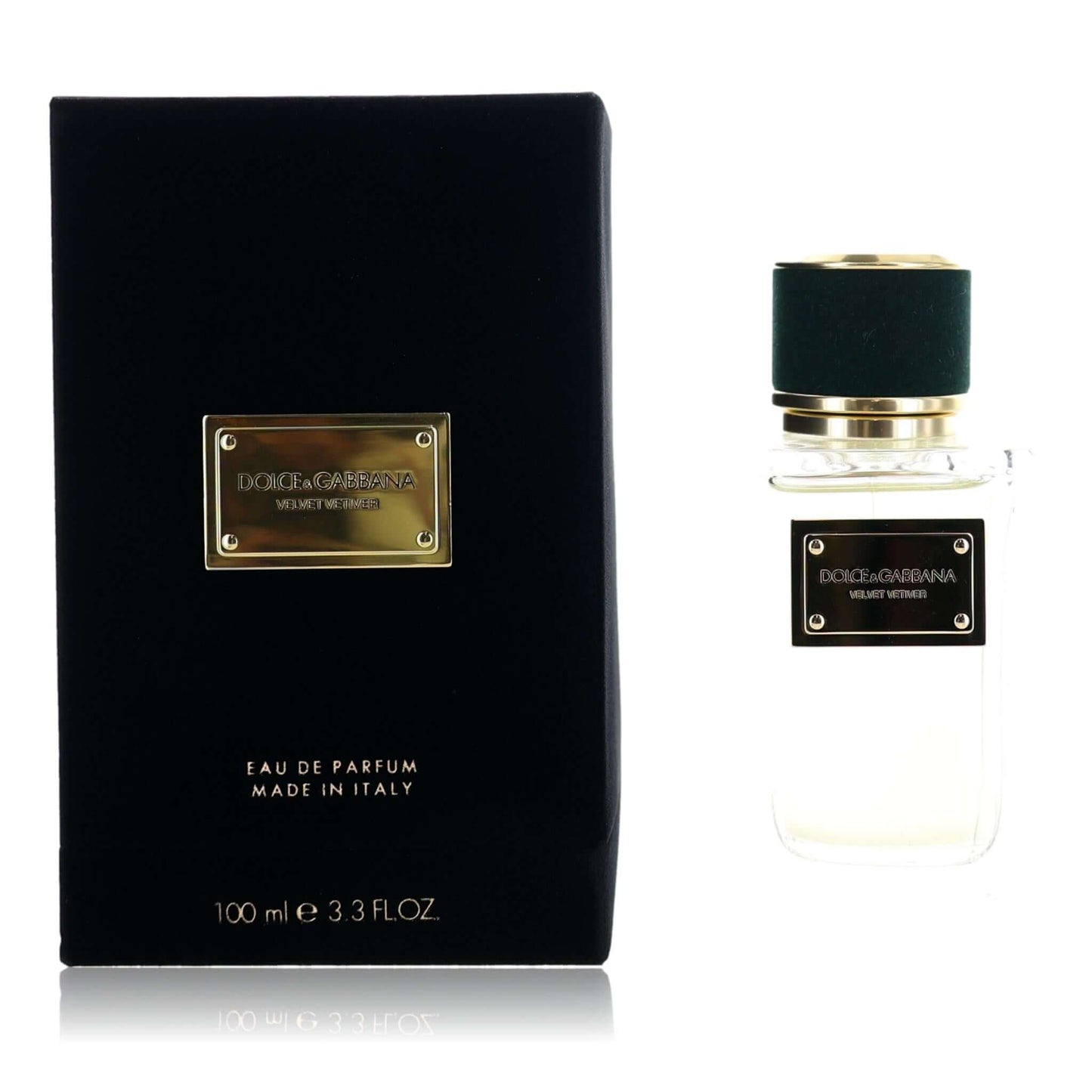 Velvet Vetiver EDP spray in box, clear glass bottle with dark green cap