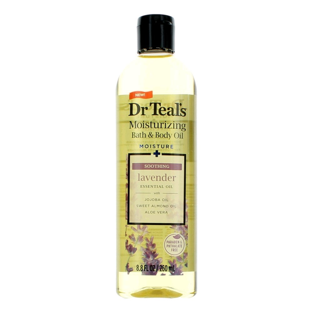 Dr Teal's moisturizing bath and body oil bottle with lavender label