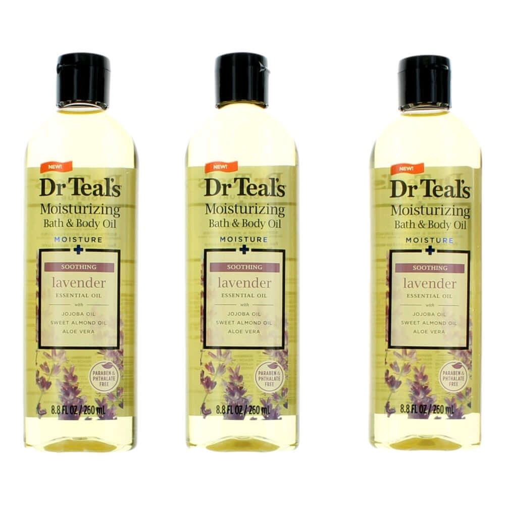 3-pack lavender moisturizing bath and body oil bottles, Dr. Teal's, 8.8 fl oz