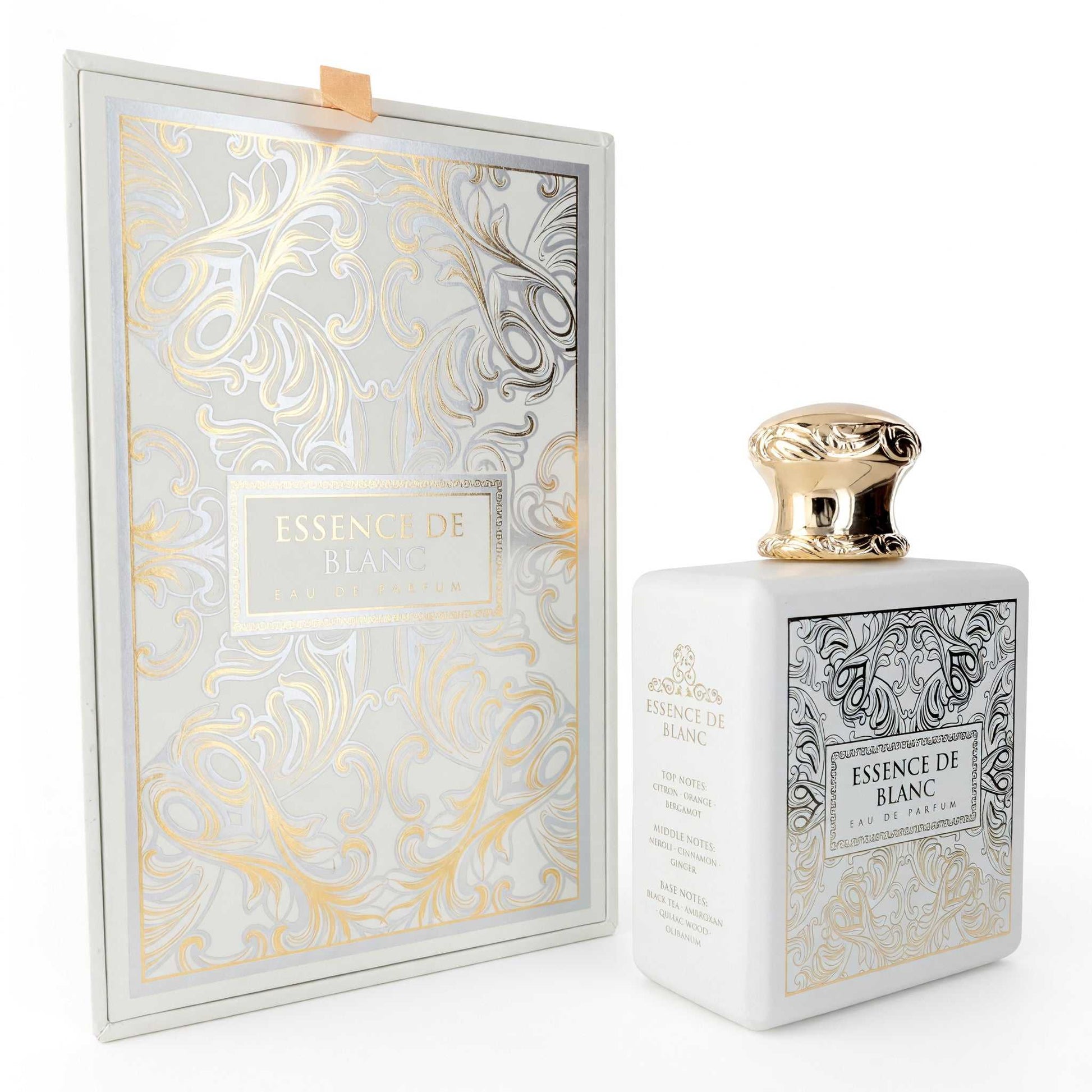 Unisex eau de parfum spray bottle with white and gold ornate packaging