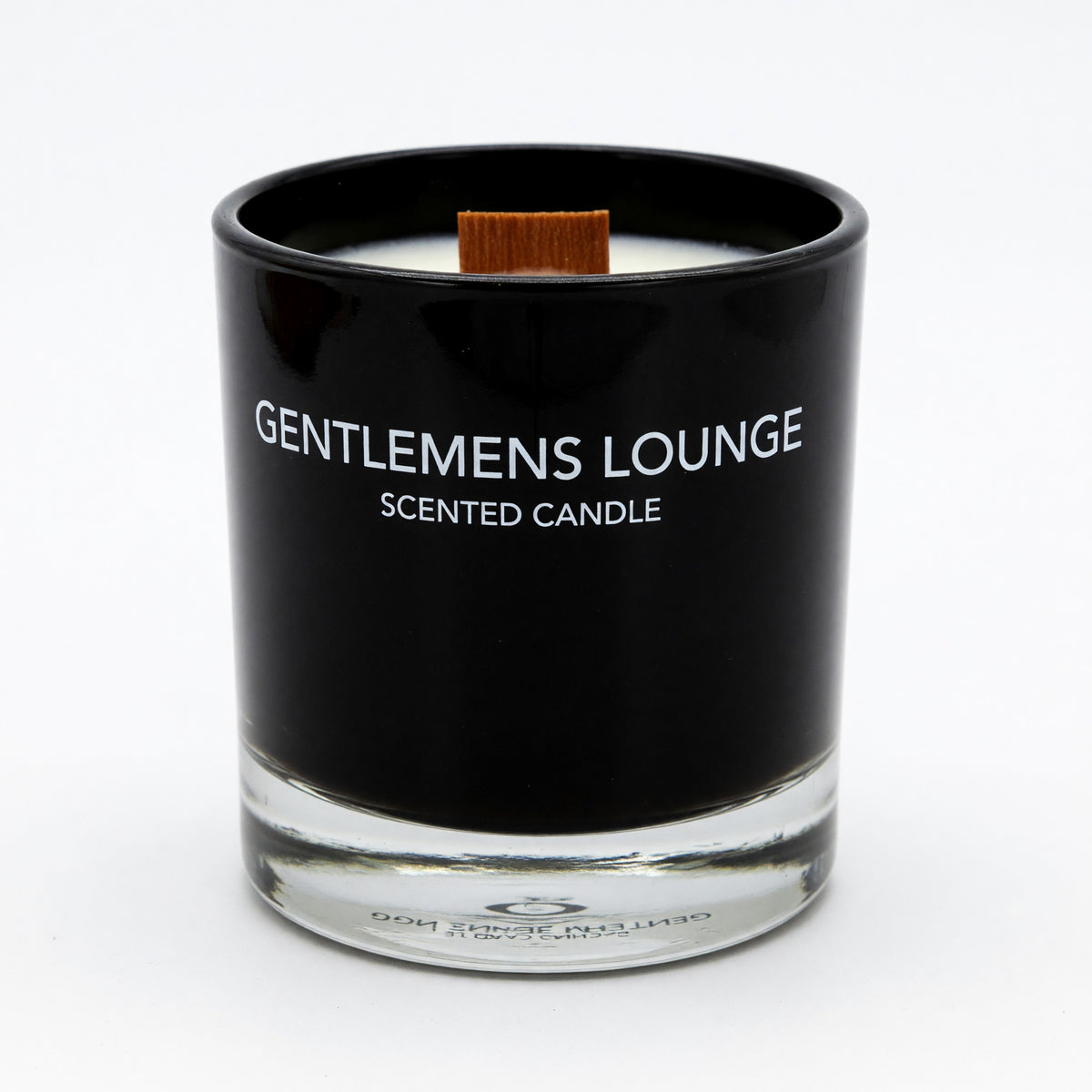 Black scented candle in glass jar with wooden wick; GENTLEMENS LOUNGE label