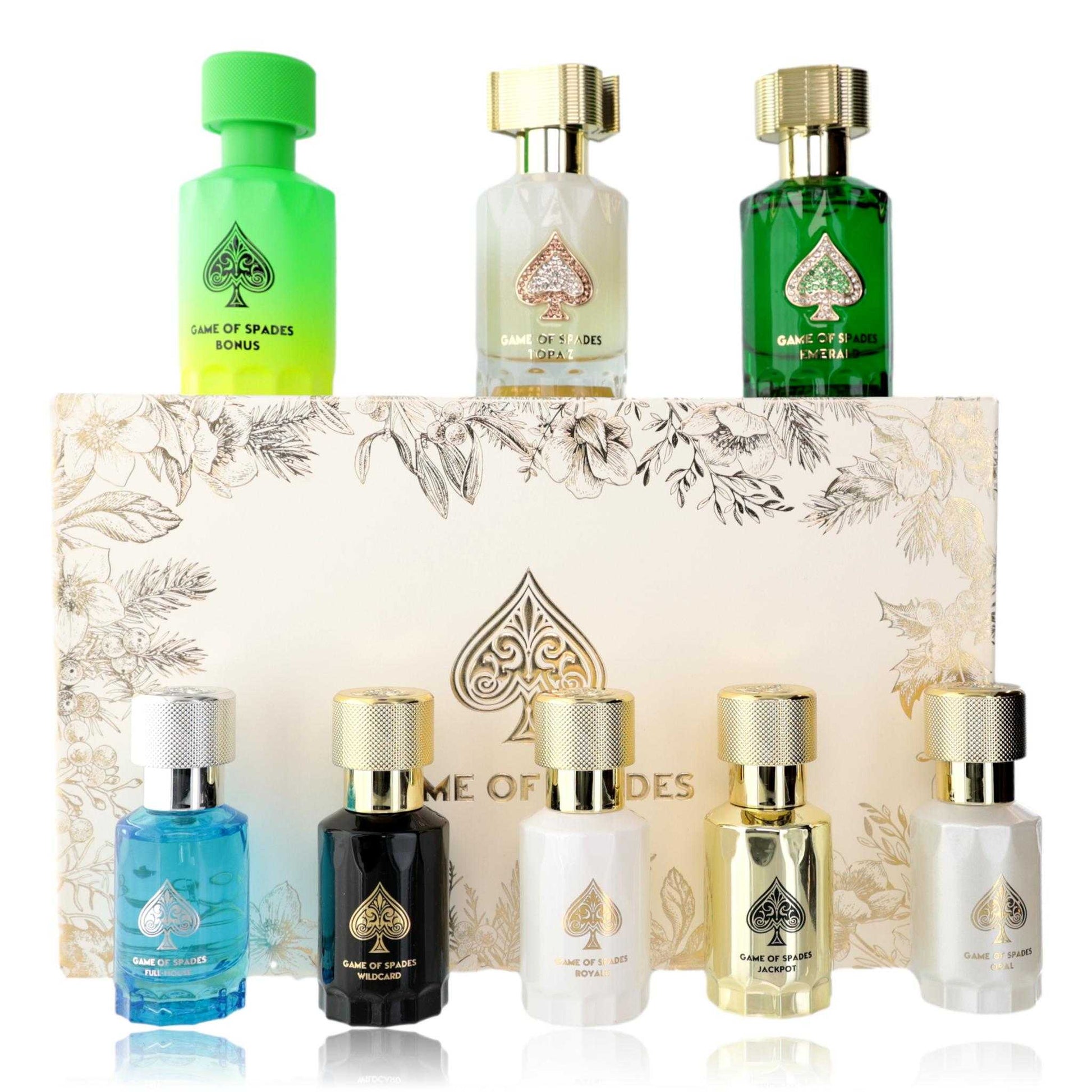 Game of Spades 8-piece fragrance bottle set in leaf-pattern display box with labeled bottles