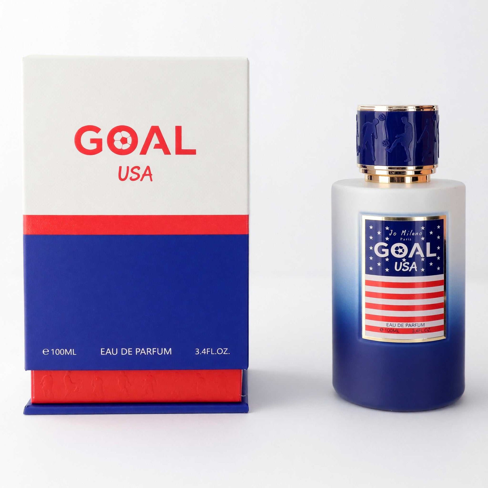 Goal USA eau de parfum spray by Jo Milano: blue bottle, gold cap, with box