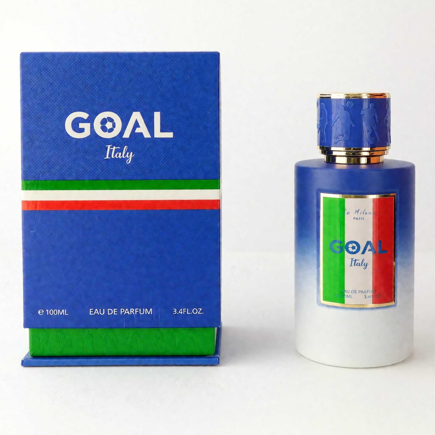 Unisex EDP spray bottle with blue glass and gold cap, shown with blue GOAL Italy box.