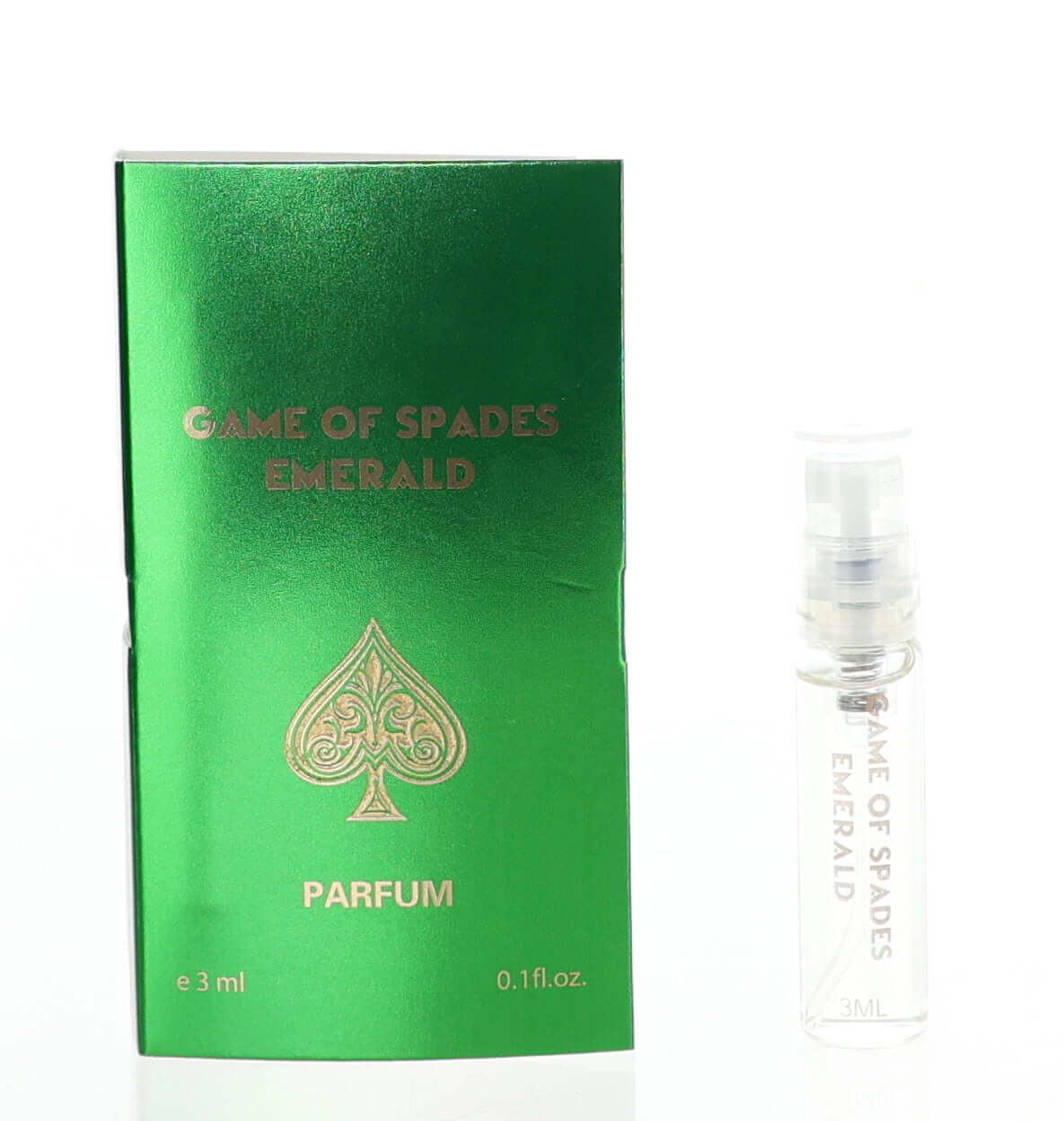 Jo Milano Game of Spades Emerald parfum sample with green box and spray vial