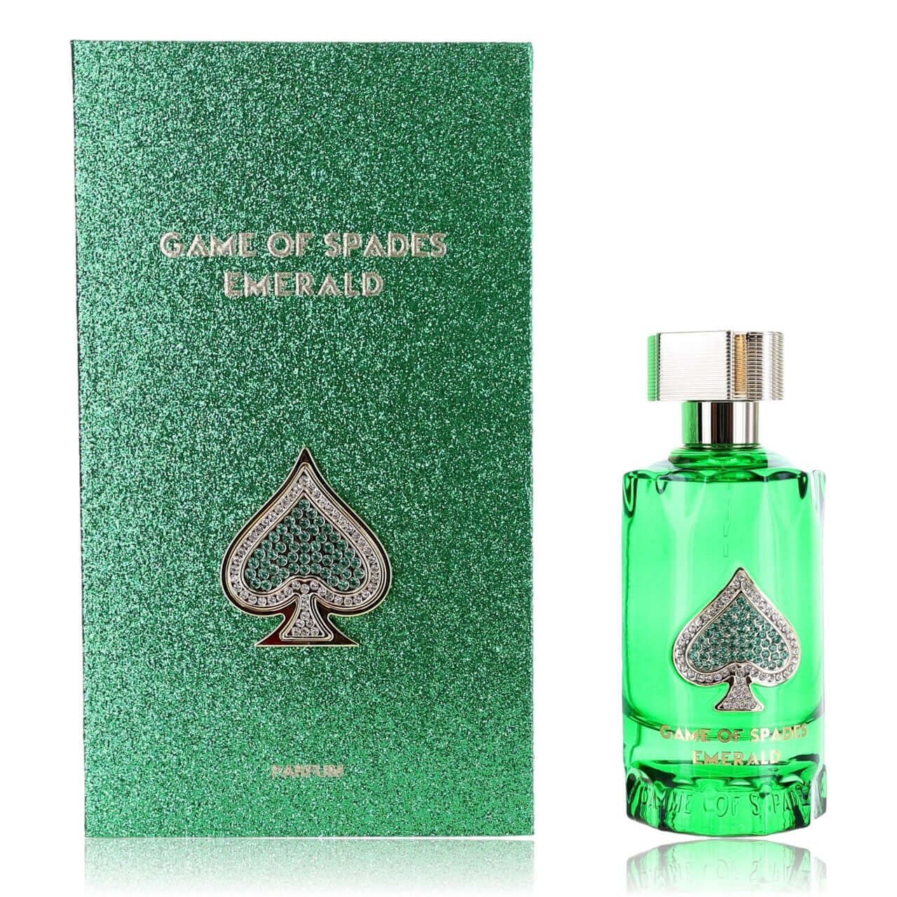 Emerald green parfum spray bottle with spade emblem and matching green box