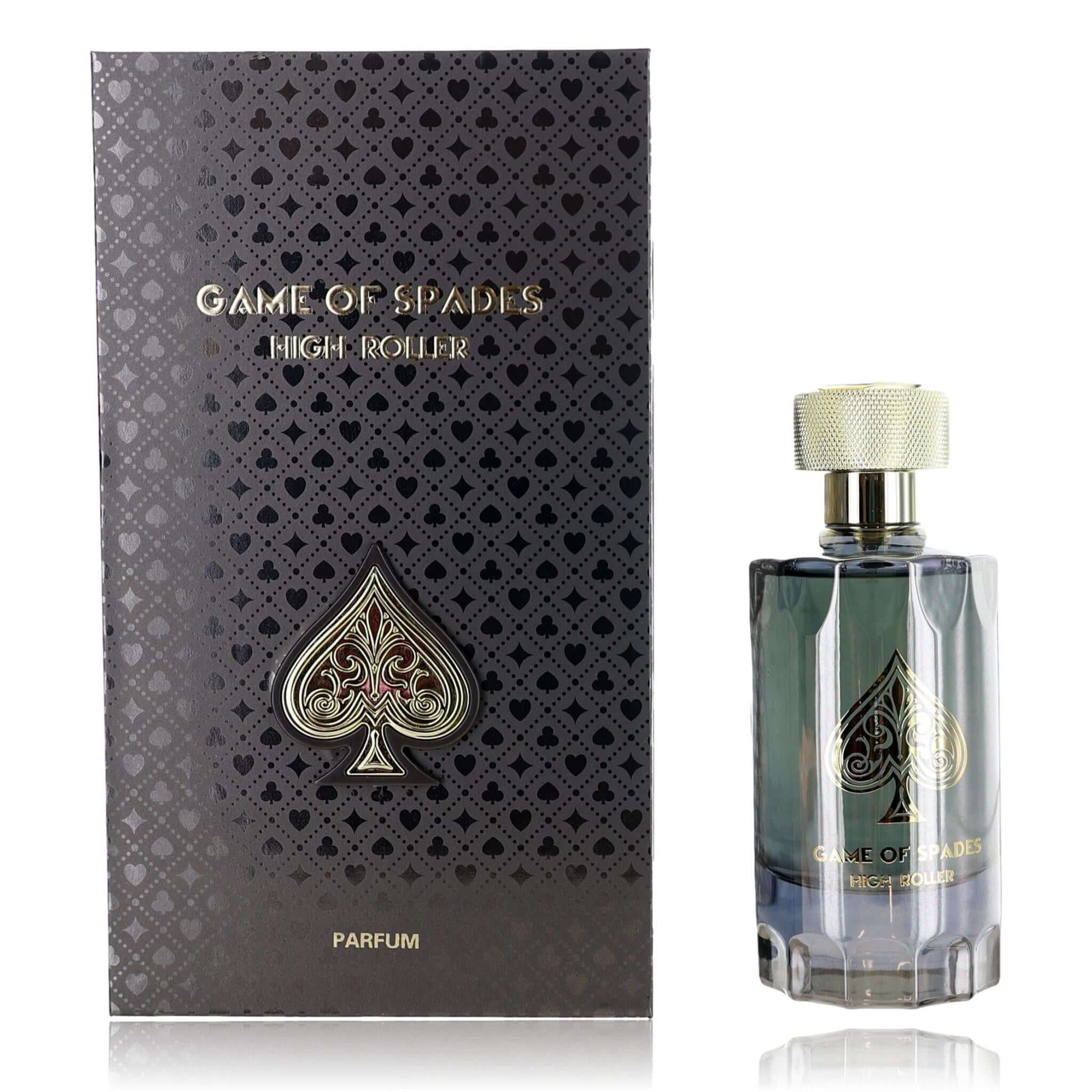 Unisex parfum spray set with dark box and clear green bottle, gold spade logo