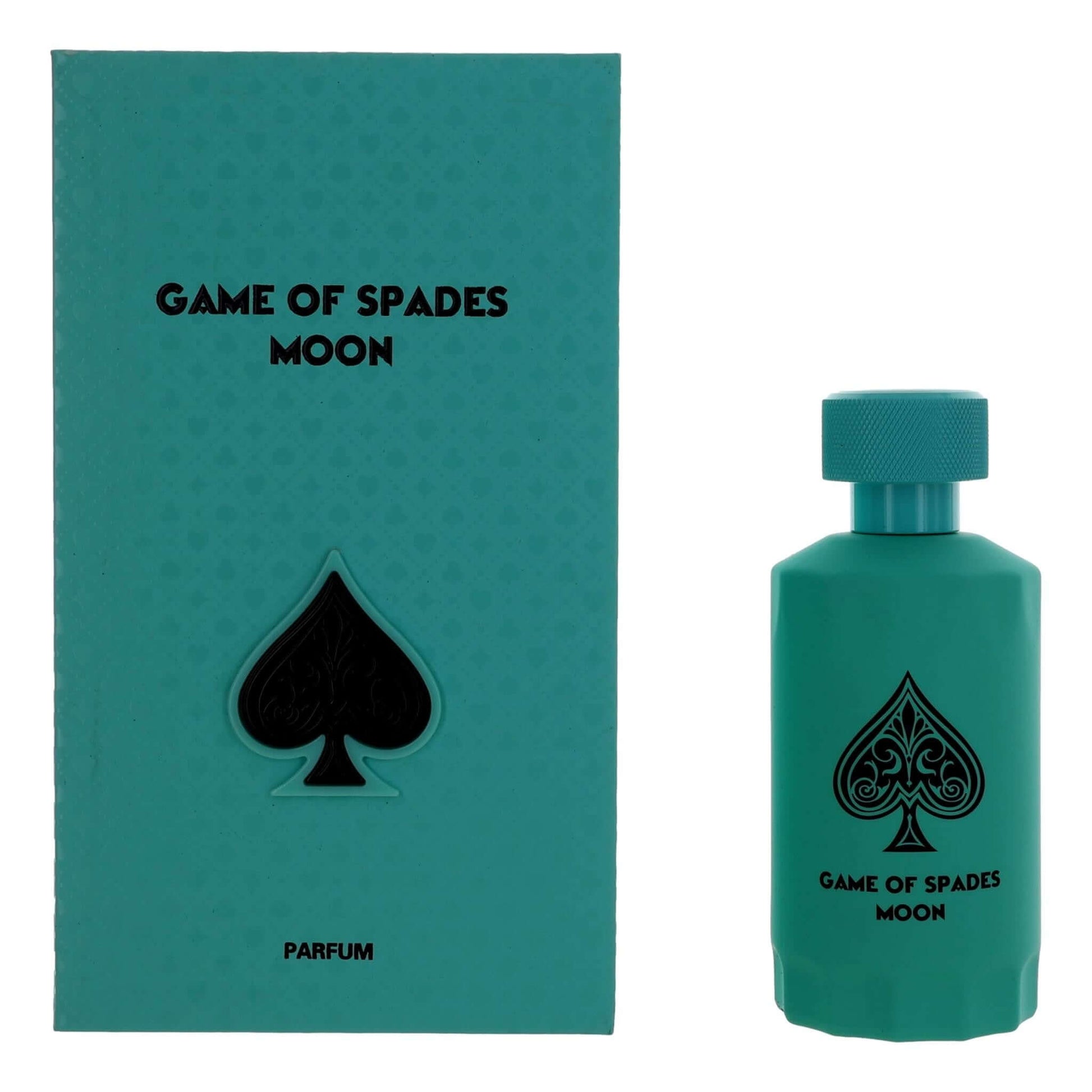 Jo Milano Game of Spades Moon parfum spray bottle and box, teal