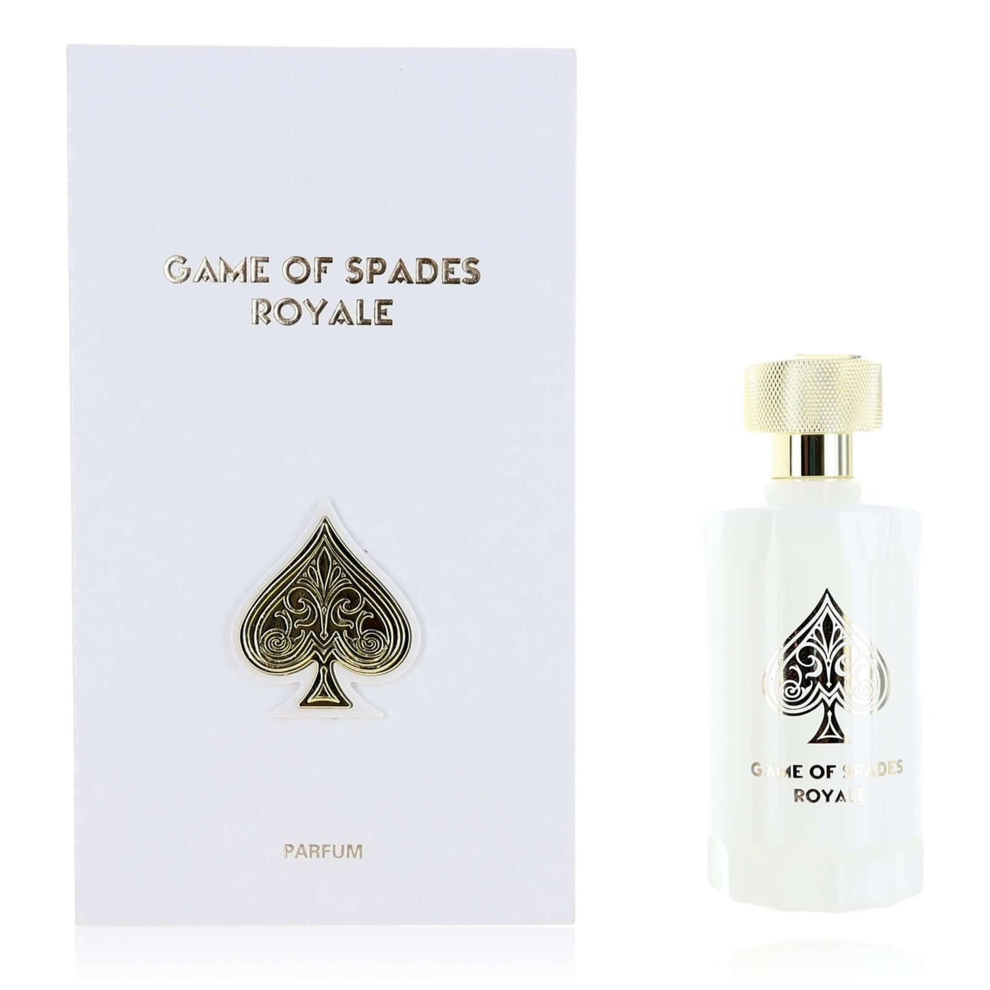 Game of Spades Royale parfum spray bottle and box with gold spade emblem, clear liquid