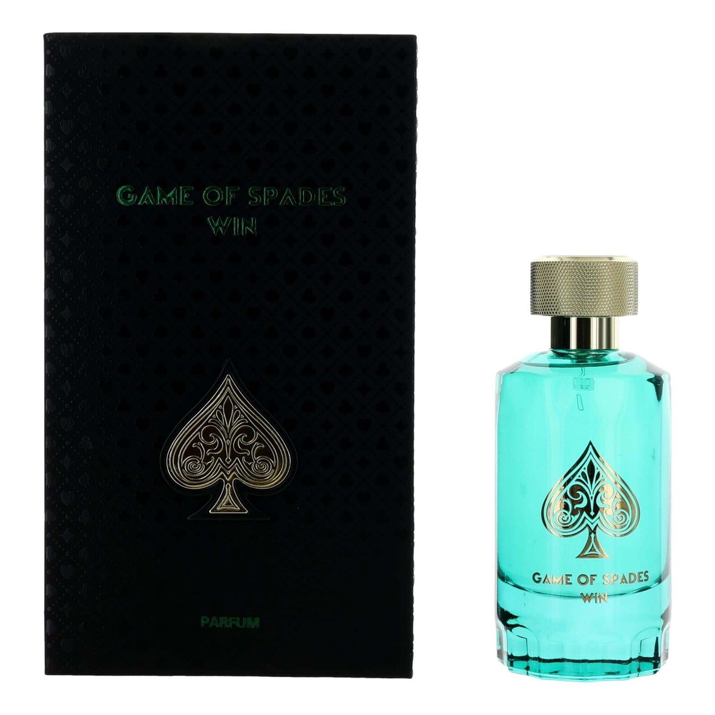 Turquoise parfum spray bottle with gold cap and dark box with spade emblem