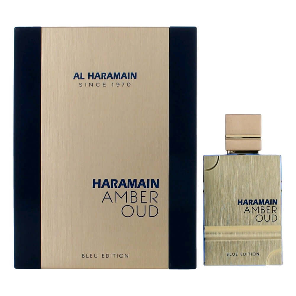 Al Haramain Amber Oud Blue Edition EDP spray bottle and box in blue/amber design