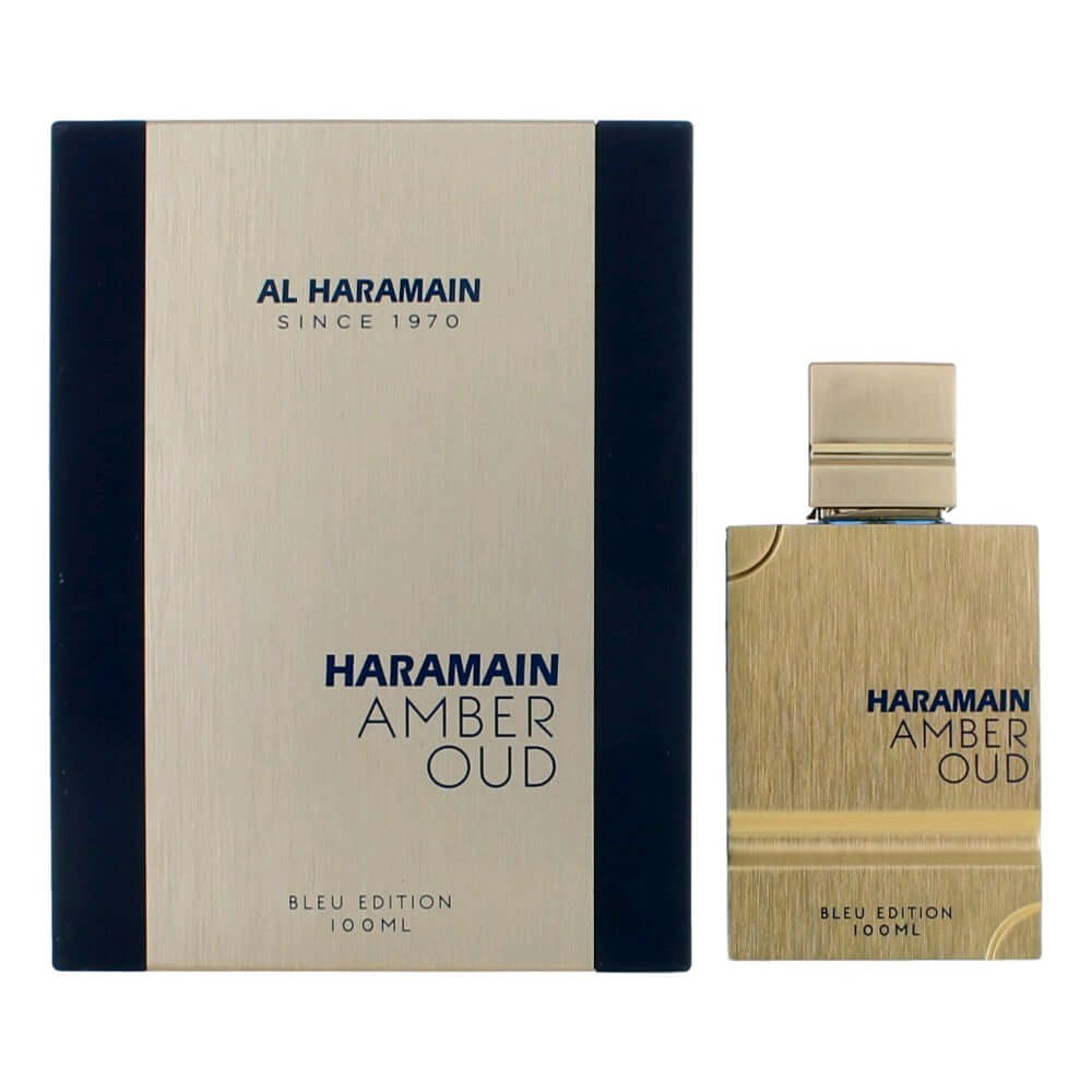 Amber Oud Blue Edition perfume bottle and box, beige with blue accents