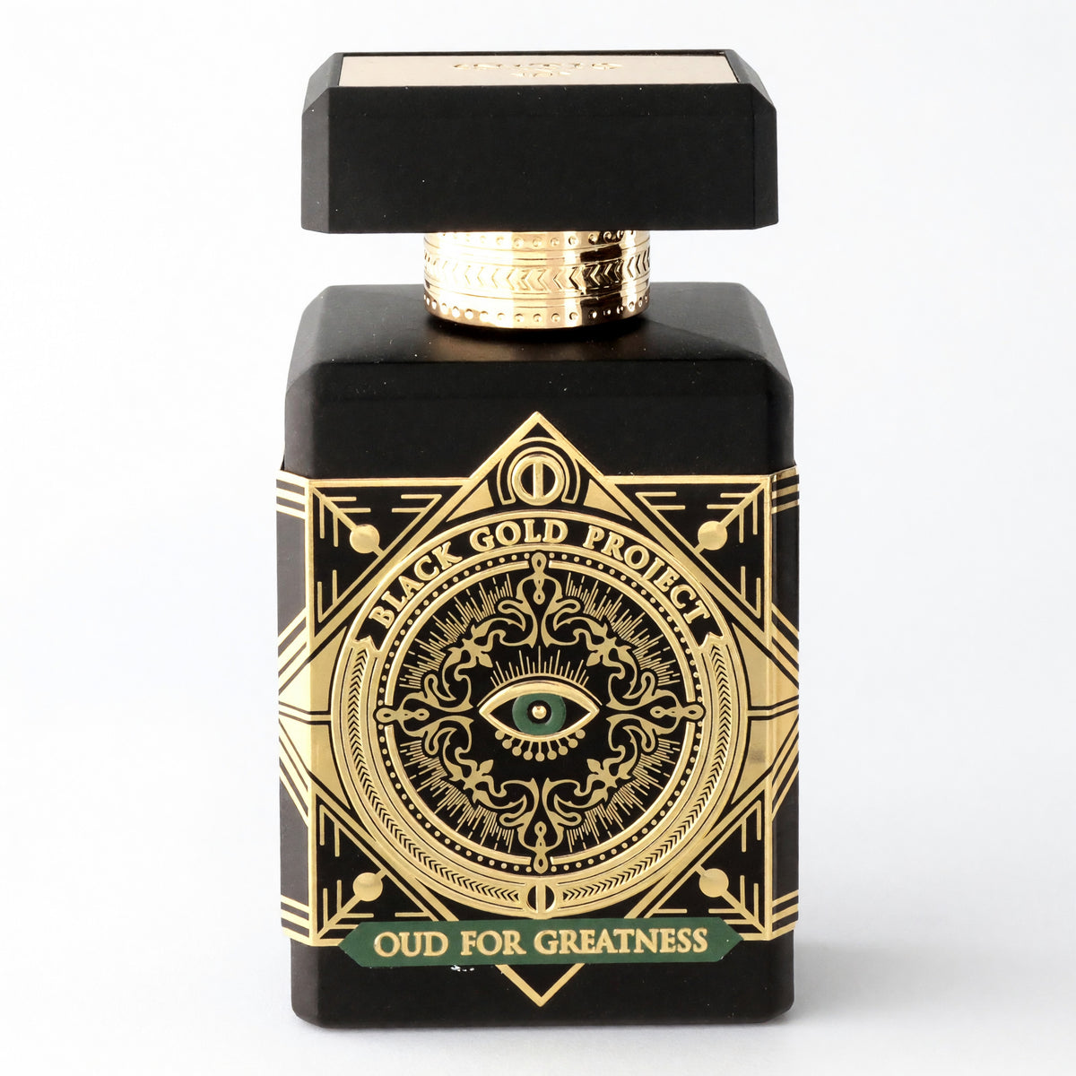 Oud for Greatness Neo perfume spray bottle with black and gold label and square cap