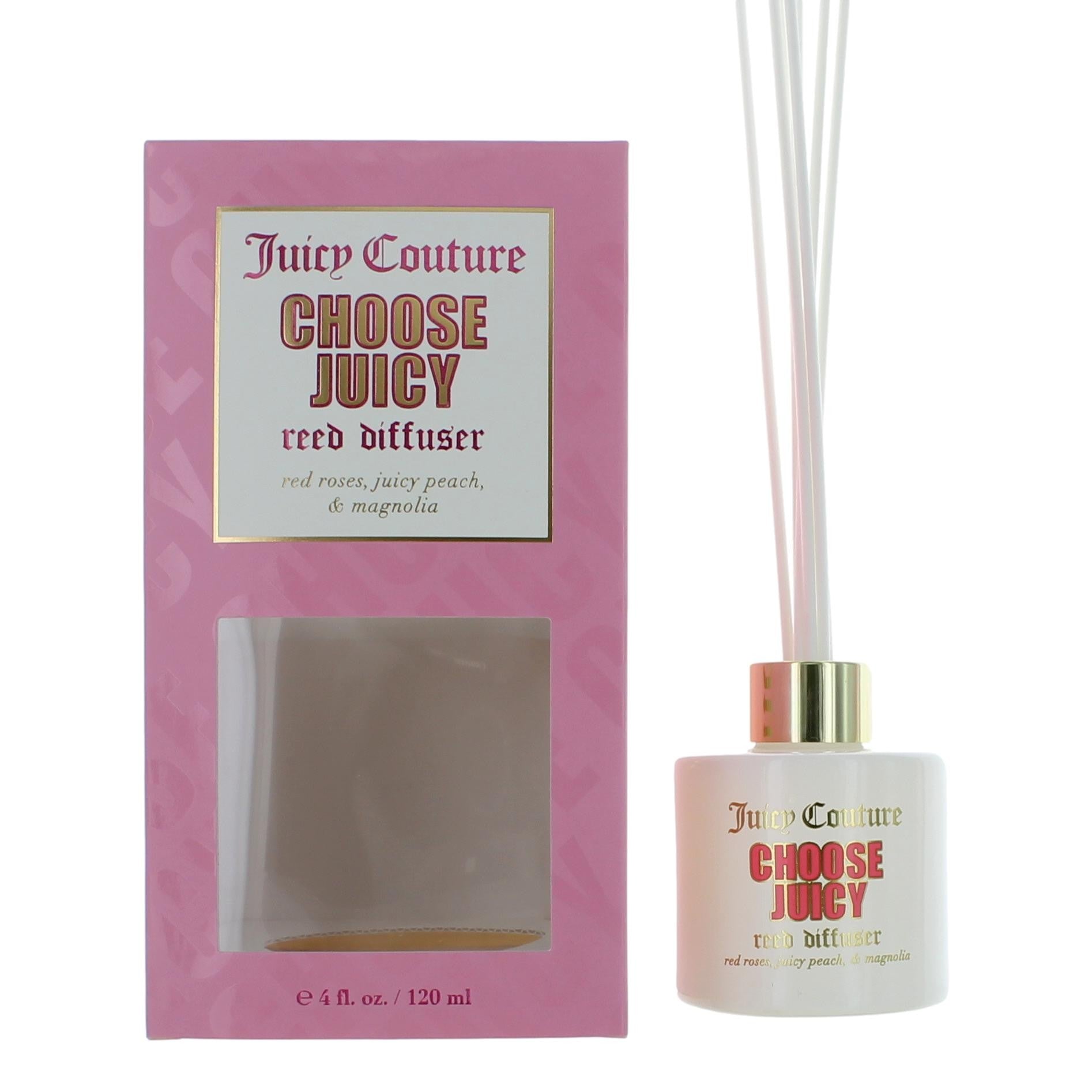 Reed diffuser bottle with gold cap, pink label, and clear reeds; 4 oz