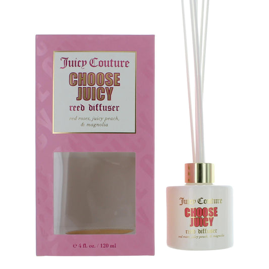 Reed diffuser bottle with gold cap, pink label, and clear reeds; 4 oz