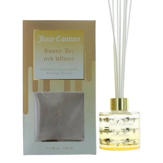 Hunny Bee reed diffuser set with clear glass bottle, gold cap, and white reeds