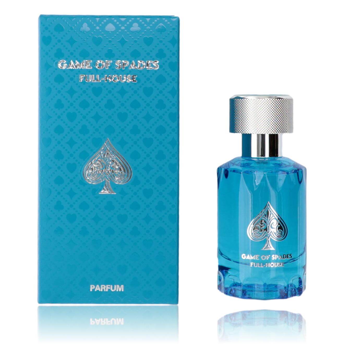 Blue parfum bottle with textured cap and playing-card spade emblem; matching box.