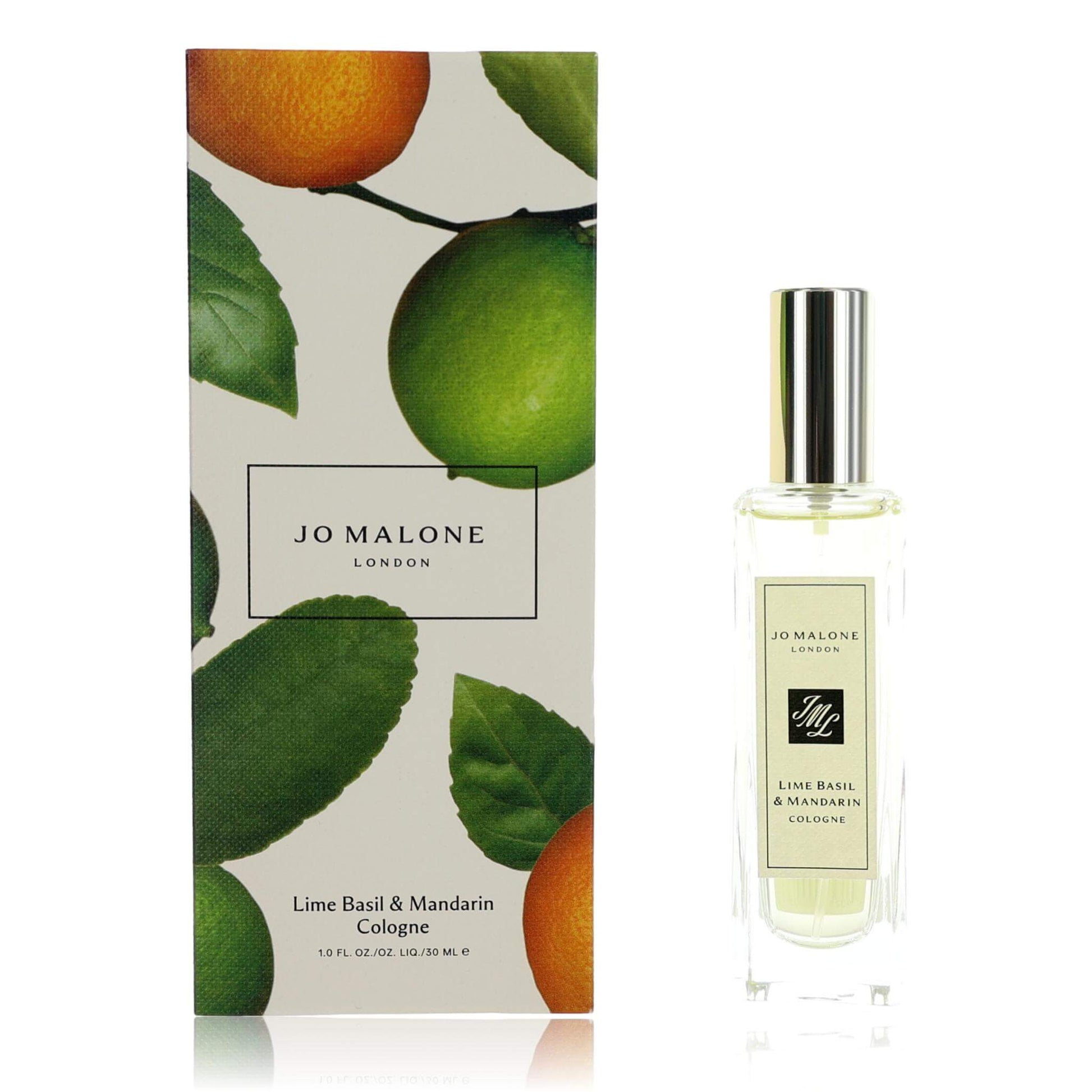 Jo Malone Lime Basil & Mandarin cologne spray bottle with silver cap and box