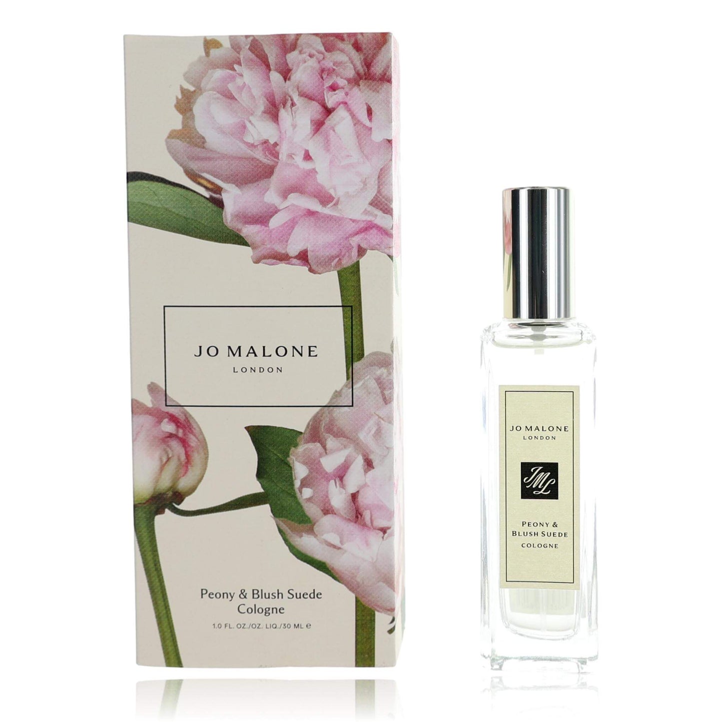 Jo Malone cologne spray bottle with Peony & Blush Suede box, clear glass and silver cap