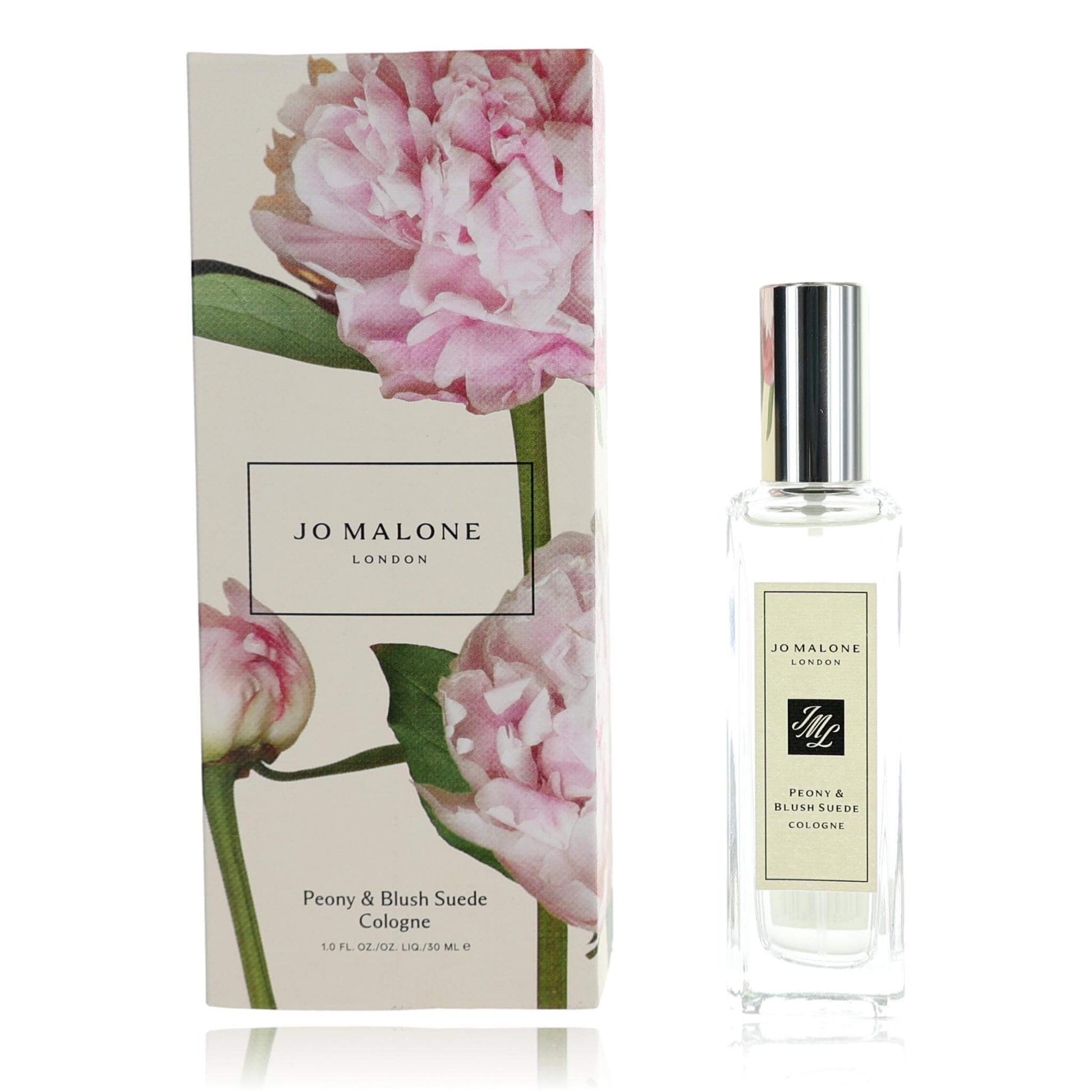 Jo Malone cologne spray bottle with Peony & Blush Suede box, clear glass and silver cap