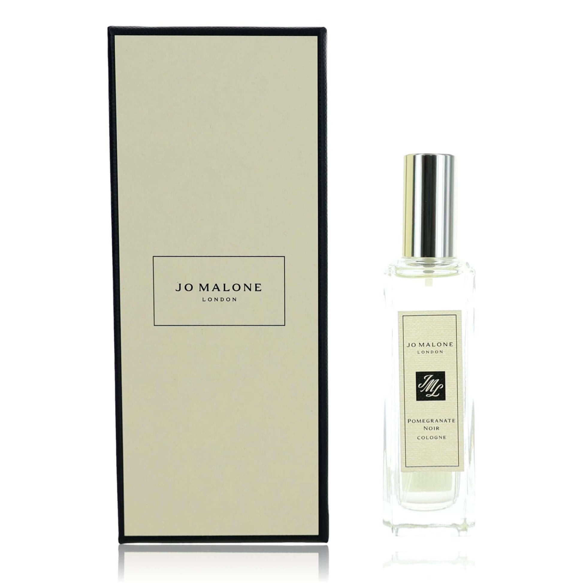 Jo Malone London cologne spray bottle with clear glass, silver cap, and gift box