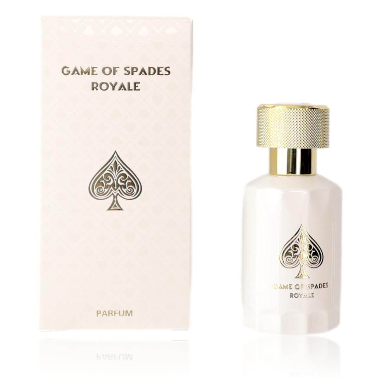 Perfume set: white bottle with gold cap and spade emblem, with matching box
