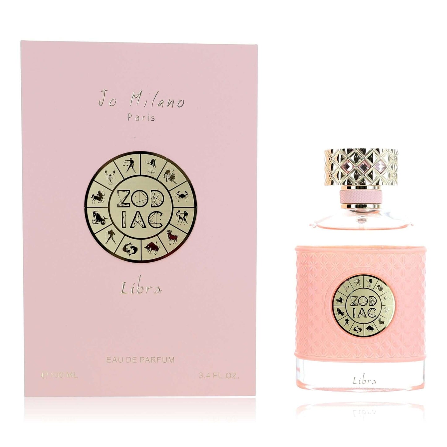 Libra eau de parfum spray bottle with ornate cap, in matching box