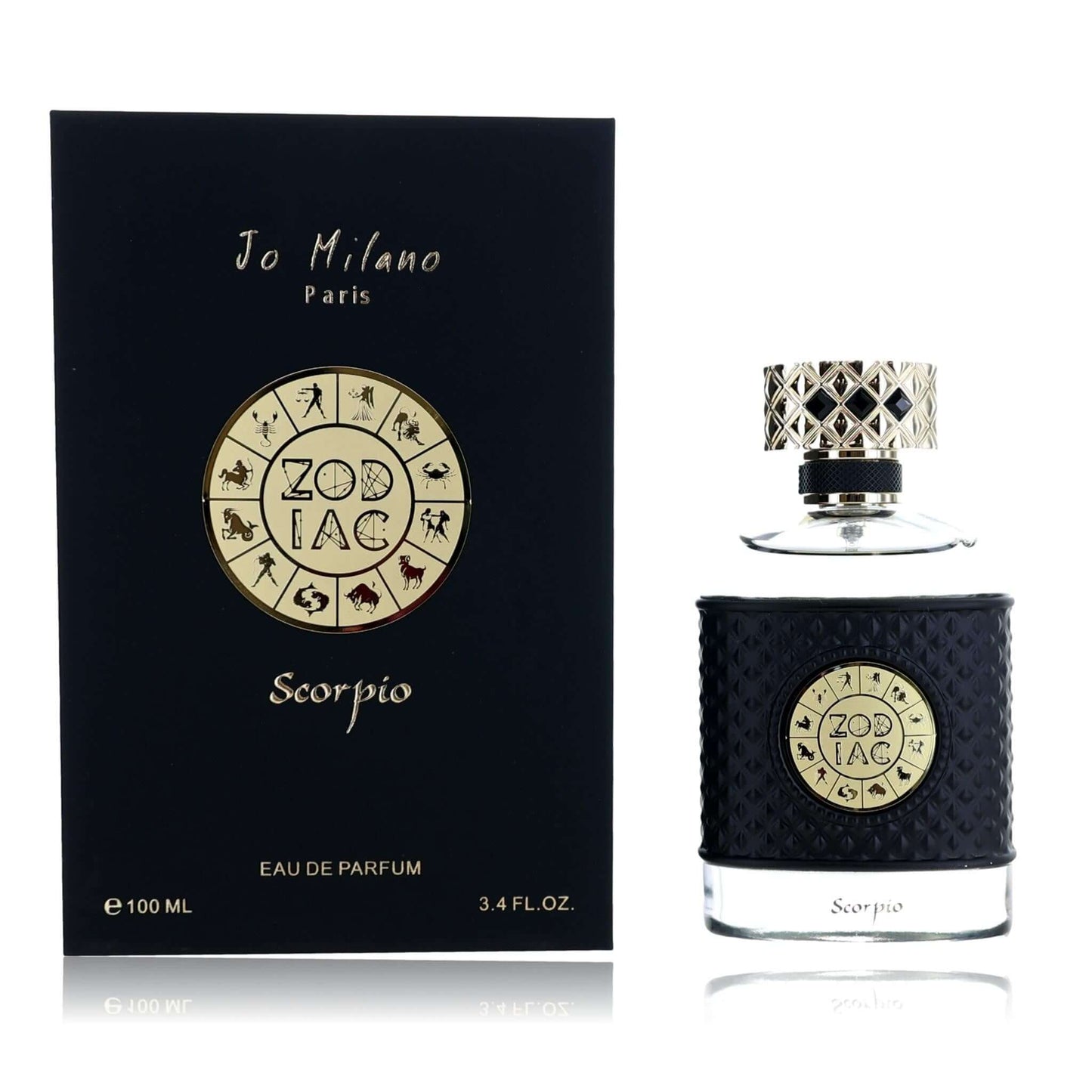 Scorpio Eau de Parfum spray bottle with patterned glass and zodiac label, 3.4 fl oz.