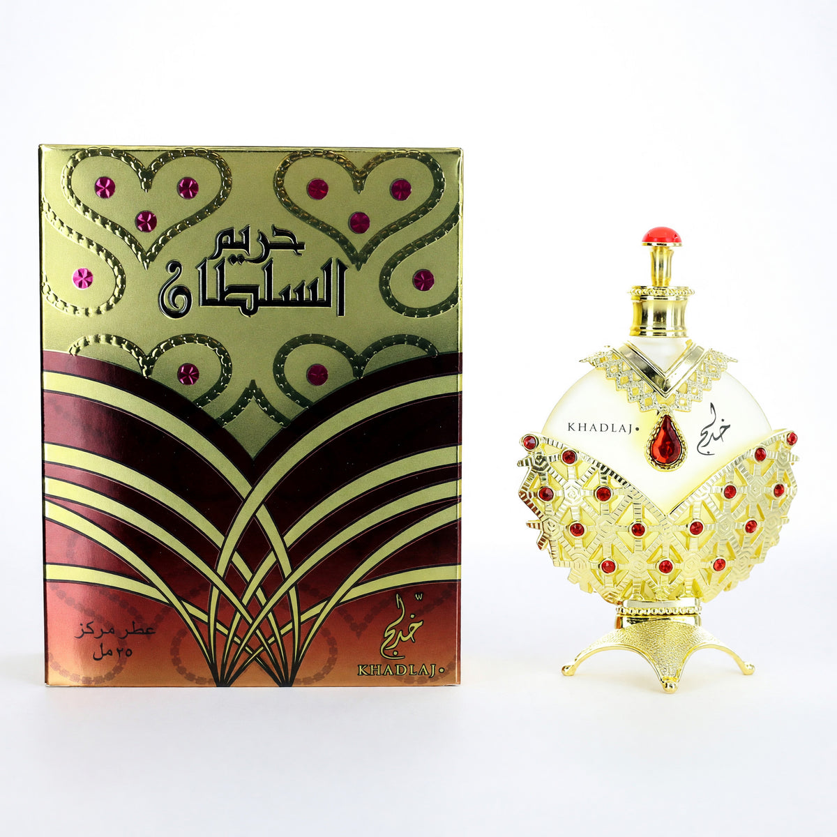Khadlaj perfume oil bottle with ornate gold cap and matching decorated box
