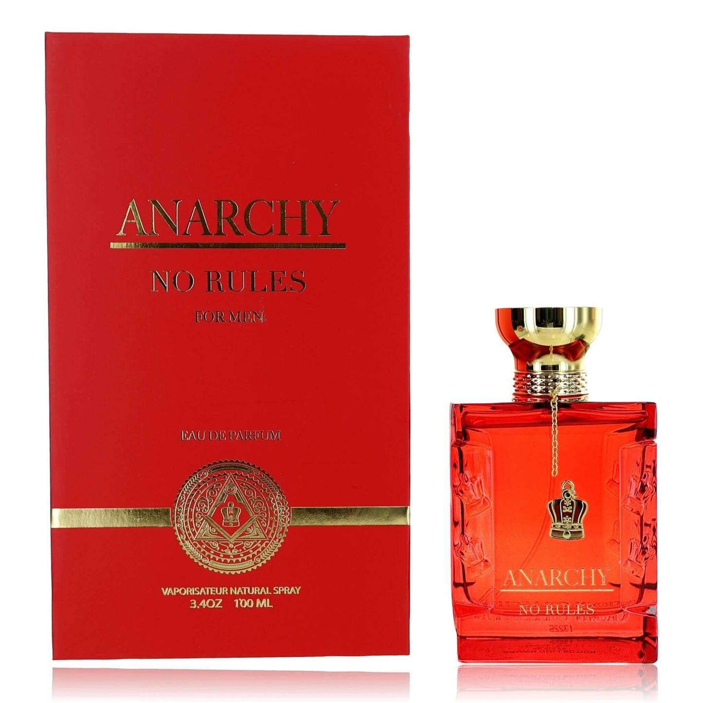 Red perfume bottle with gold cap and matching box