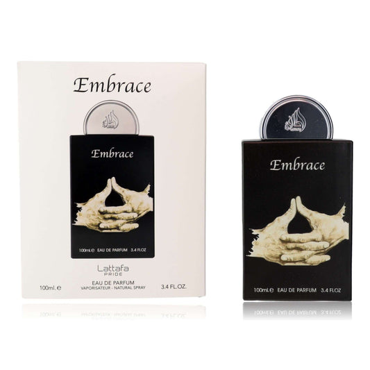 Embrace by Lattafa, 3.4 oz EDP Spray for Unisex packaging and bottle display.