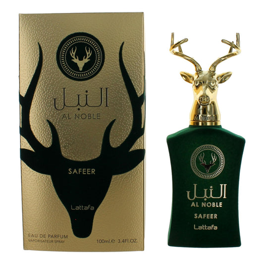 Lattafa Al Noble Safeer eau de parfum spray bottle, green glass with gold deer topper