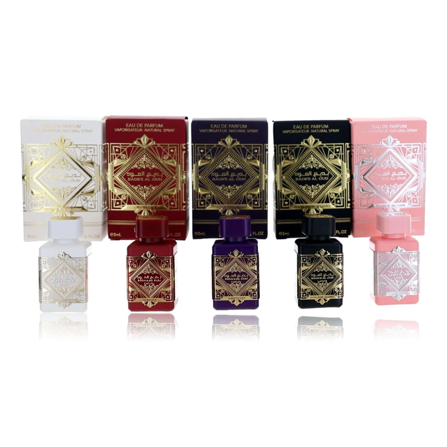 5-piece perfume gift set with five boxed bottles in white, red, dark blue, green, and pink