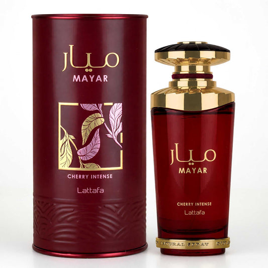 Lattafa Mayar Cherry Intense EDP spray bottle with dark red glass and gold cap