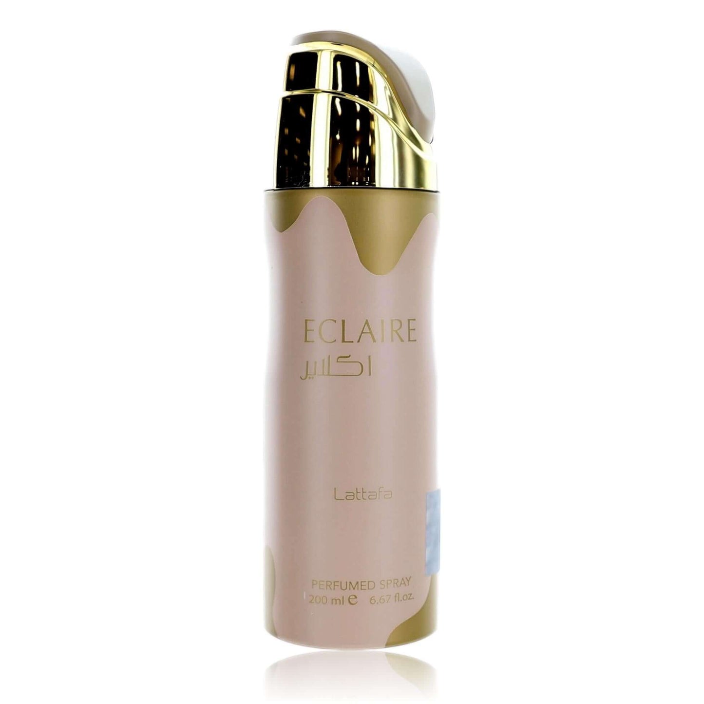 Perfumed deodorant spray bottle with gold cap and pink body, labeled ECLAIRE