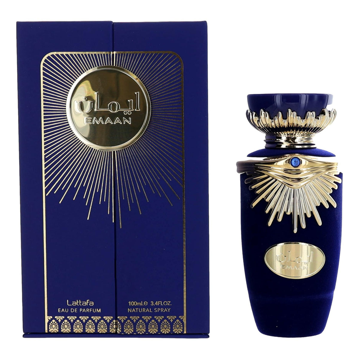 Unisex eau de parfum spray bottle in dark blue with gold accents, with retail box