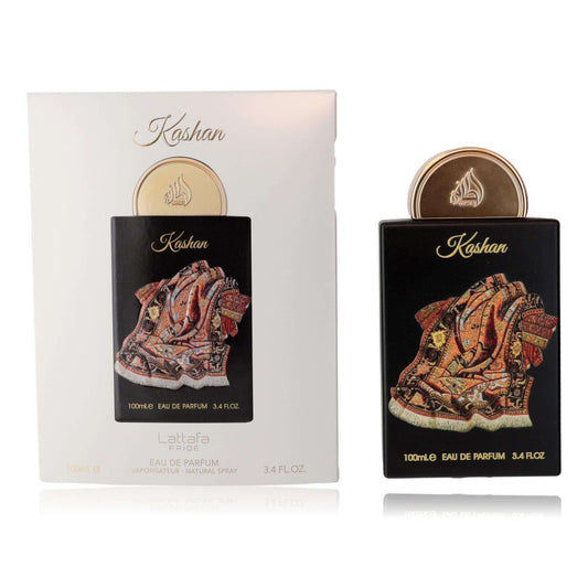 Kashan by Lattafa, 3.4 oz EDP Spray for Unisex in elegant packaging with intricate design.