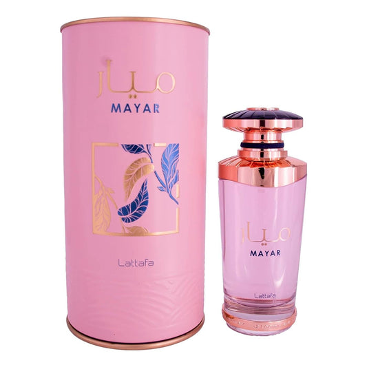 Women's Mayar EDP spray set: pink cylindrical canister and matching glass bottle