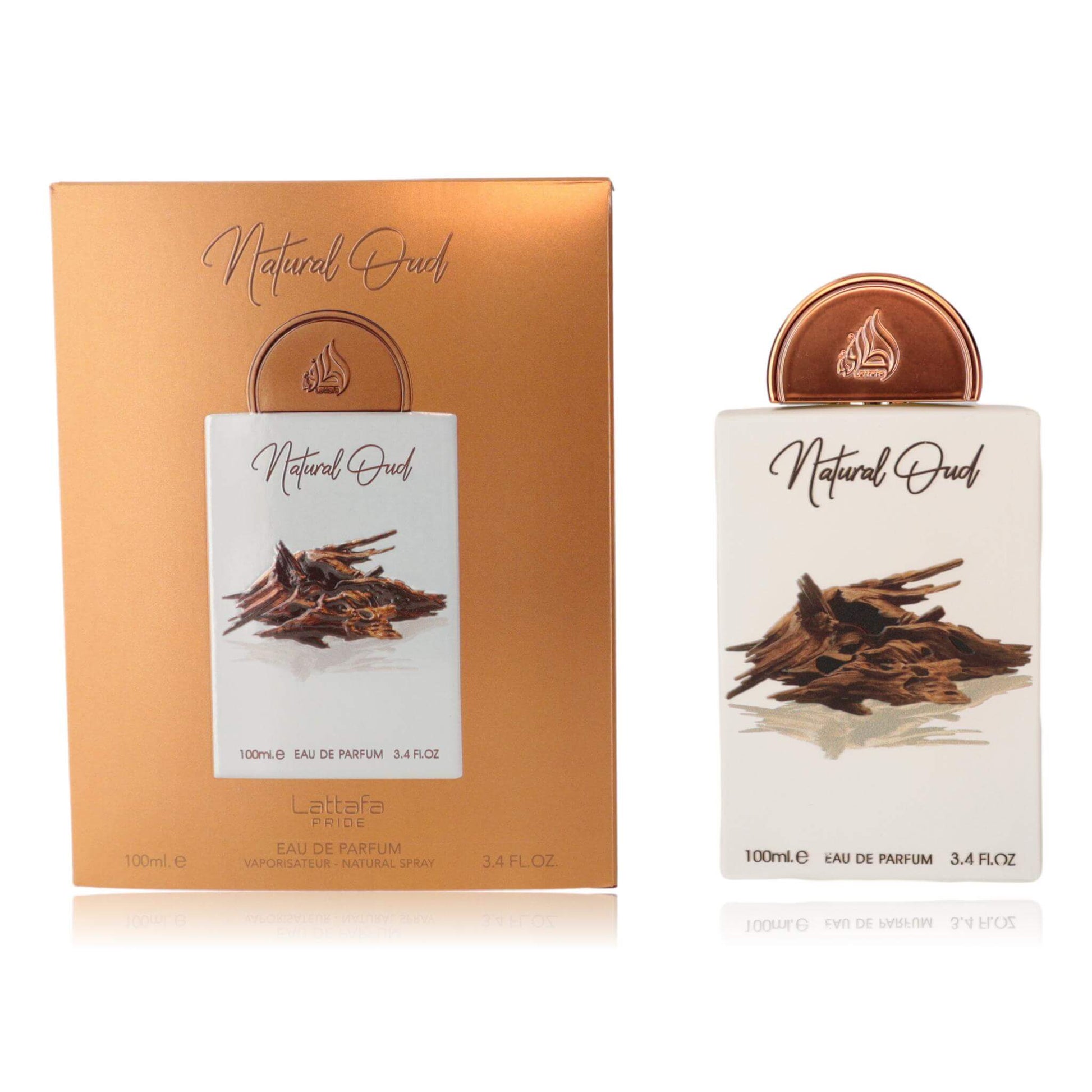 Lattafa Natural Oud eau de parfum spray with box, amber cap and brown label