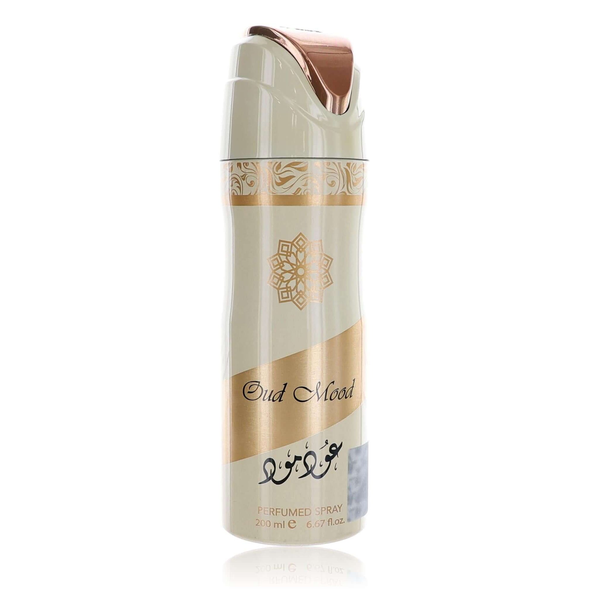 Oud Mood by Lattafa perfumed deodorant spray bottle, cream with gold accents