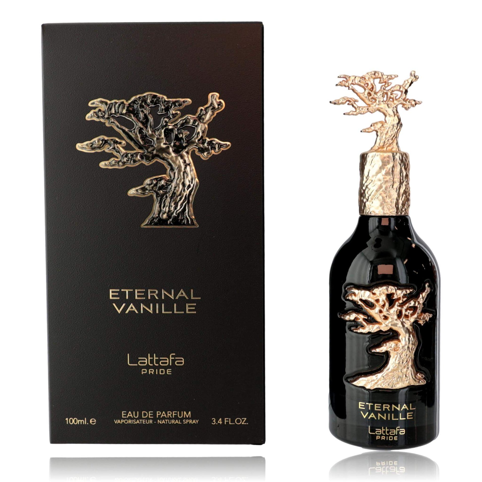 Eternal Vanille by Lattafa, 3.4 oz EDP Spray for Unisex in elegant packaging with unique bottle design.