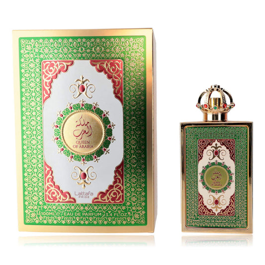Pride Queen of Arabia by Lattafa, 3.4 oz EDP Spray for Women in decorative packaging.