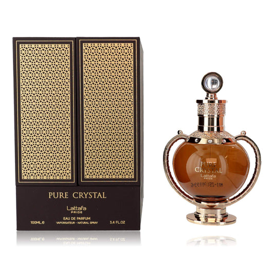 Pure Crystal by Lattafa, 3.4 oz EDP Spray for Unisex in ornate packaging with a decorative bottle.