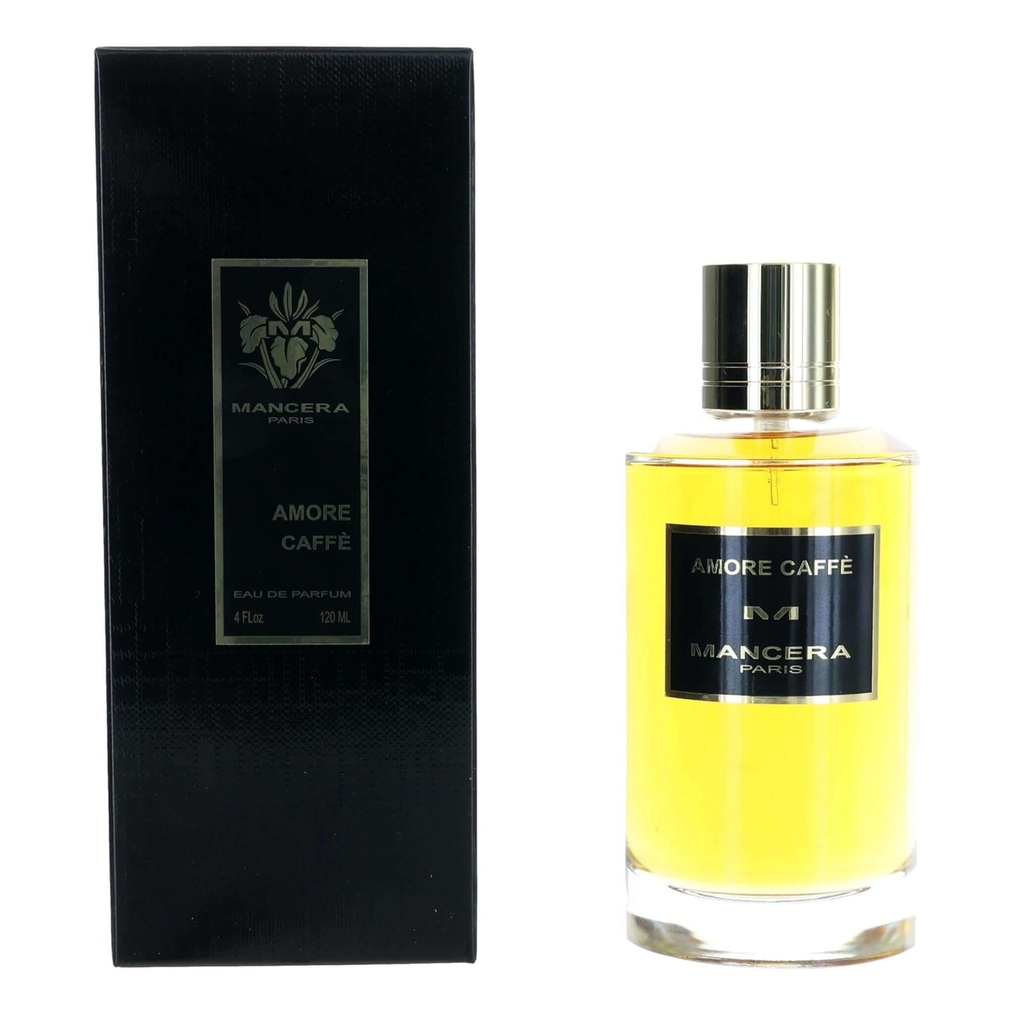 Unisex eau de parfum bottle with gold cap and yellow liquid, with black box