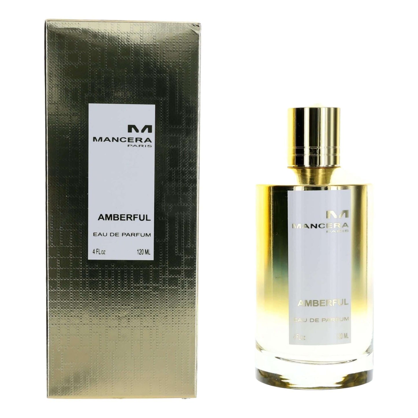 Mancera Amberful eau de parfum spray bottle with gold cap, shown with matching box