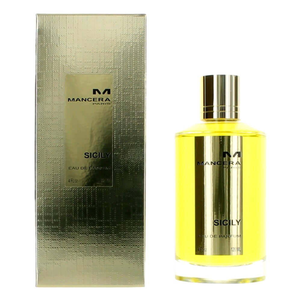 Mancera Sicily EDP spray bottle with gold cap, clear yellow liquid, and matching box