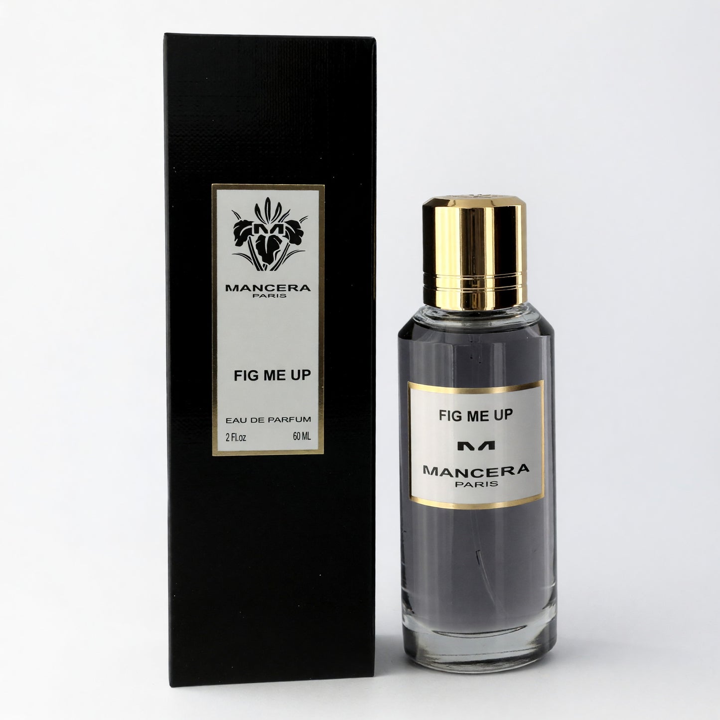 Eau de parfum bottle with gold cap and FIG ME UP label, by Mancera.