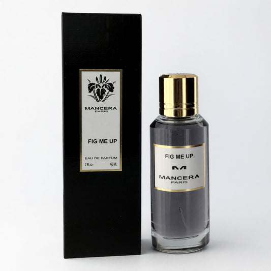 Eau de parfum bottle with gold cap and FIG ME UP label, by Mancera.