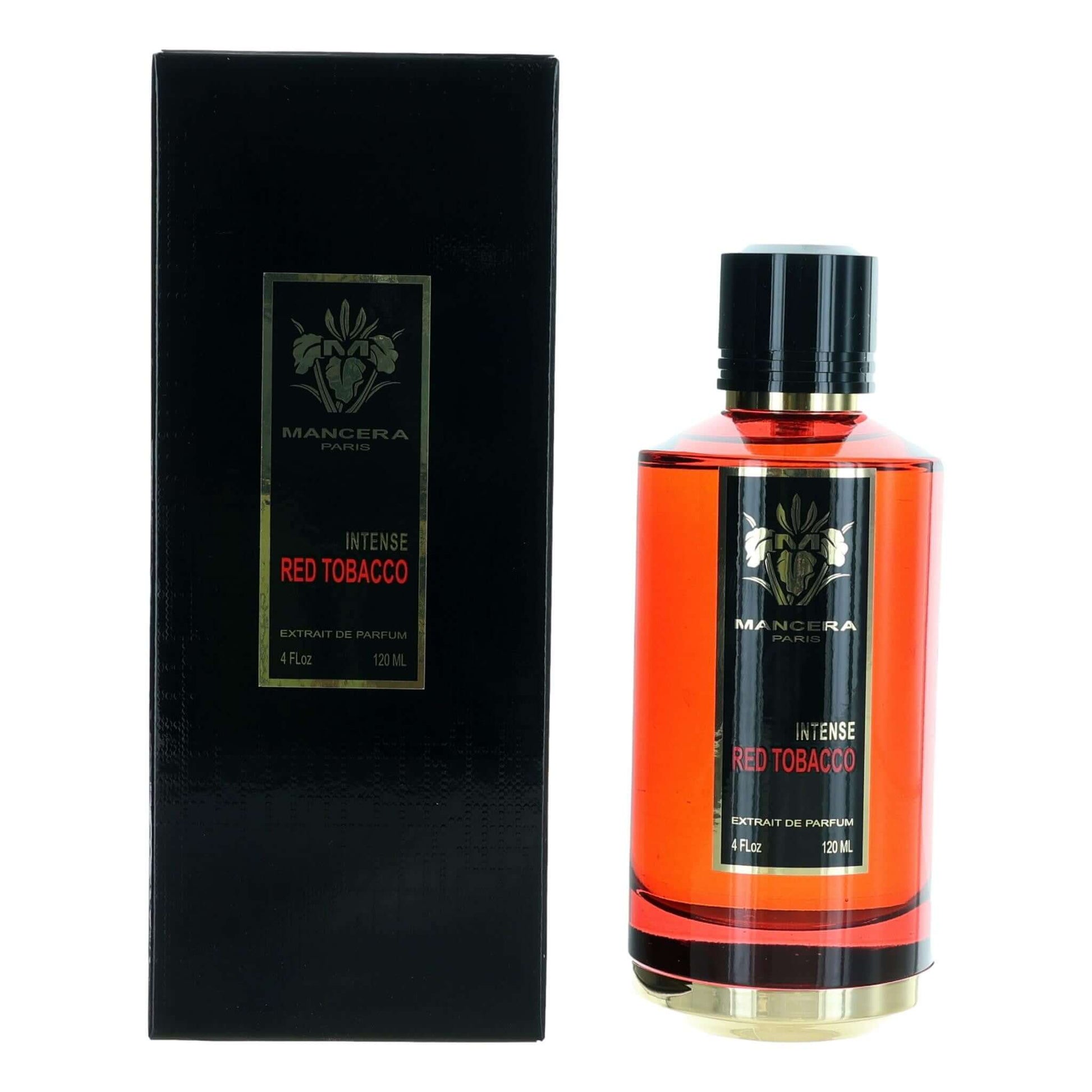 Intense Red Tobacco perfume bottle set: orange bottle with black cap and black box