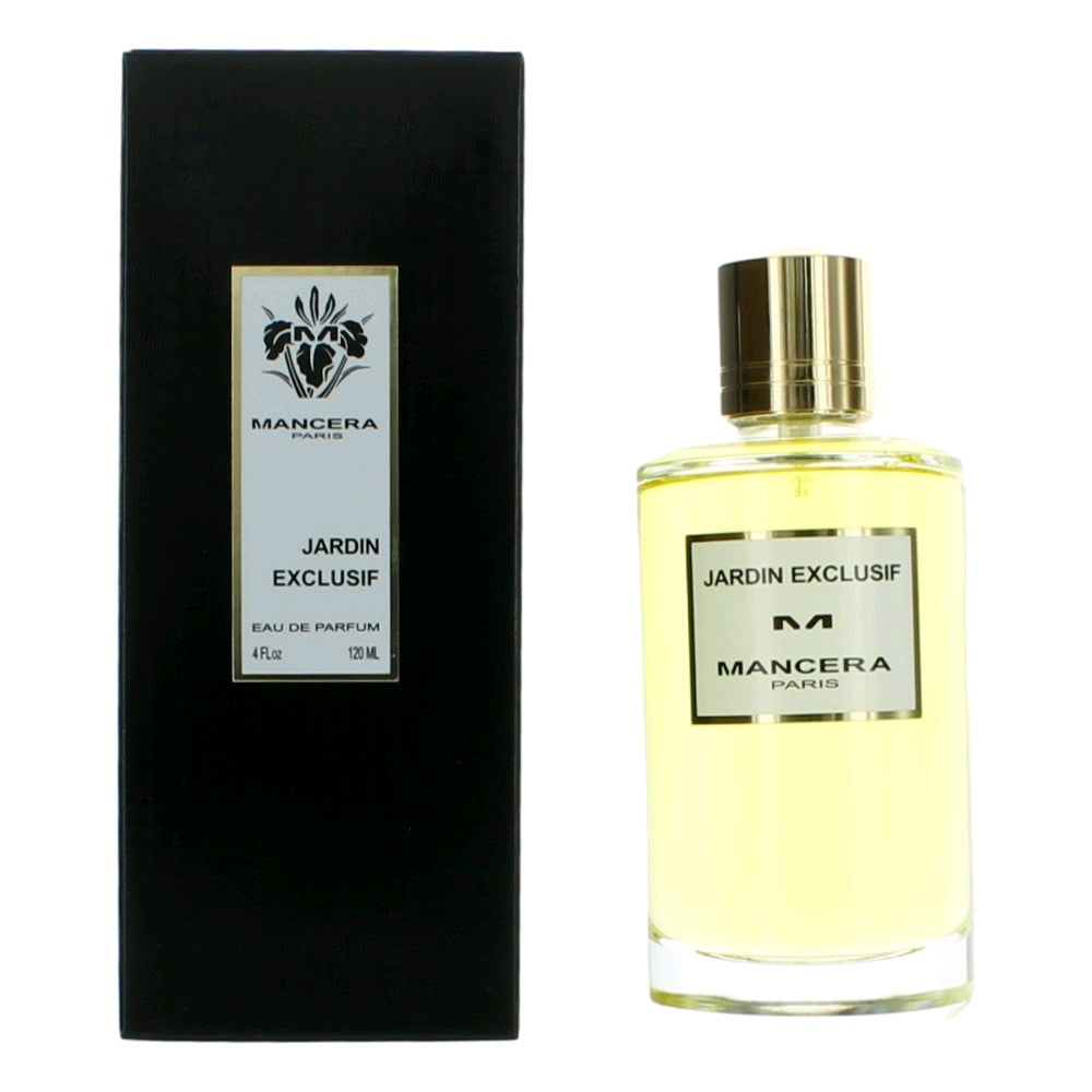 Perfume EDP spray bottle with gold cap and matching black box, Jardin Exclusif